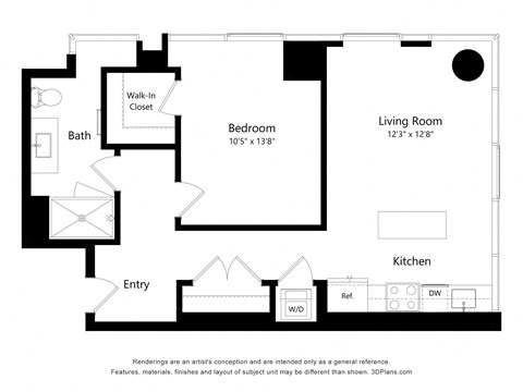 Floor plan for 1 bed, 1 bath, 731 sqft